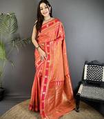peach soft silk blend banarasi zari woven weaving saree