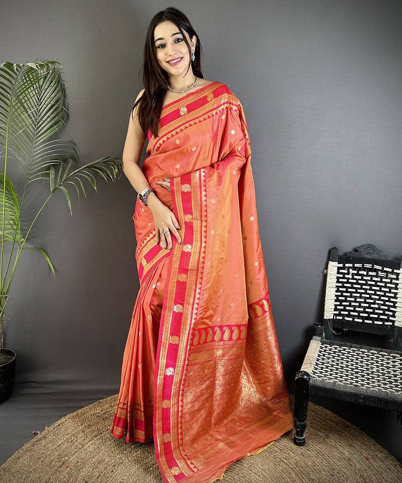 peach soft silk blend banarasi zari woven weaving saree