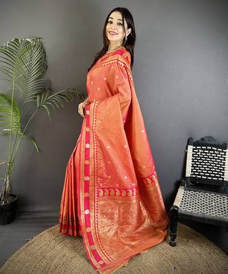 peach soft silk blend banarasi zari woven weaving saree 2
