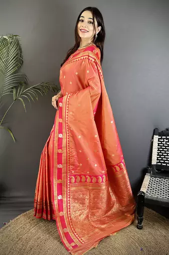 peach soft silk blend banarasi zari woven weaving saree