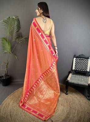 peach soft silk blend banarasi zari woven weaving saree 3