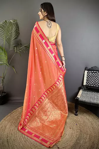 peach soft silk blend banarasi zari woven weaving saree
