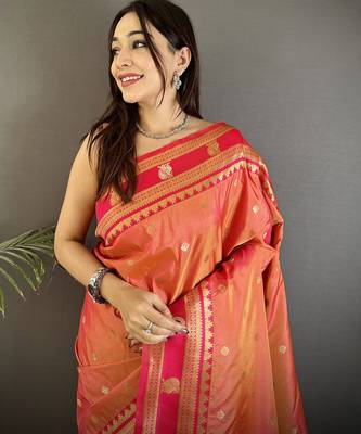 peach soft silk blend banarasi zari woven weaving saree 4