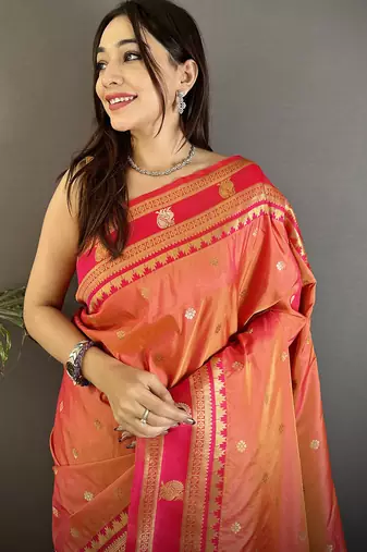 peach soft silk blend banarasi zari woven weaving saree
