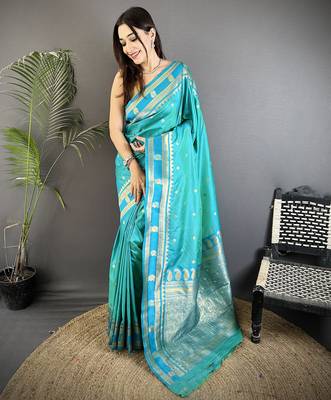 sea green soft silk blend banarasi zari woven weaving saree 1