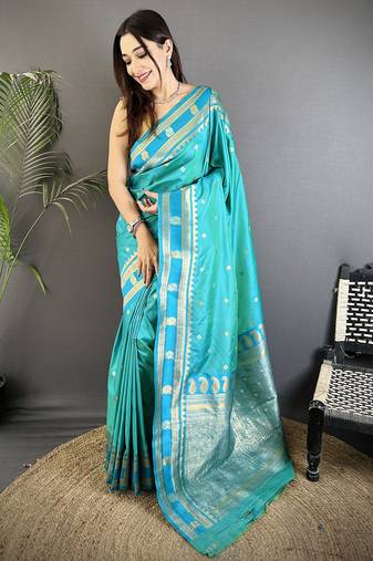 sea green soft silk blend banarasi zari woven weaving saree