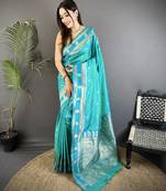 sea green soft silk blend banarasi zari woven weaving saree