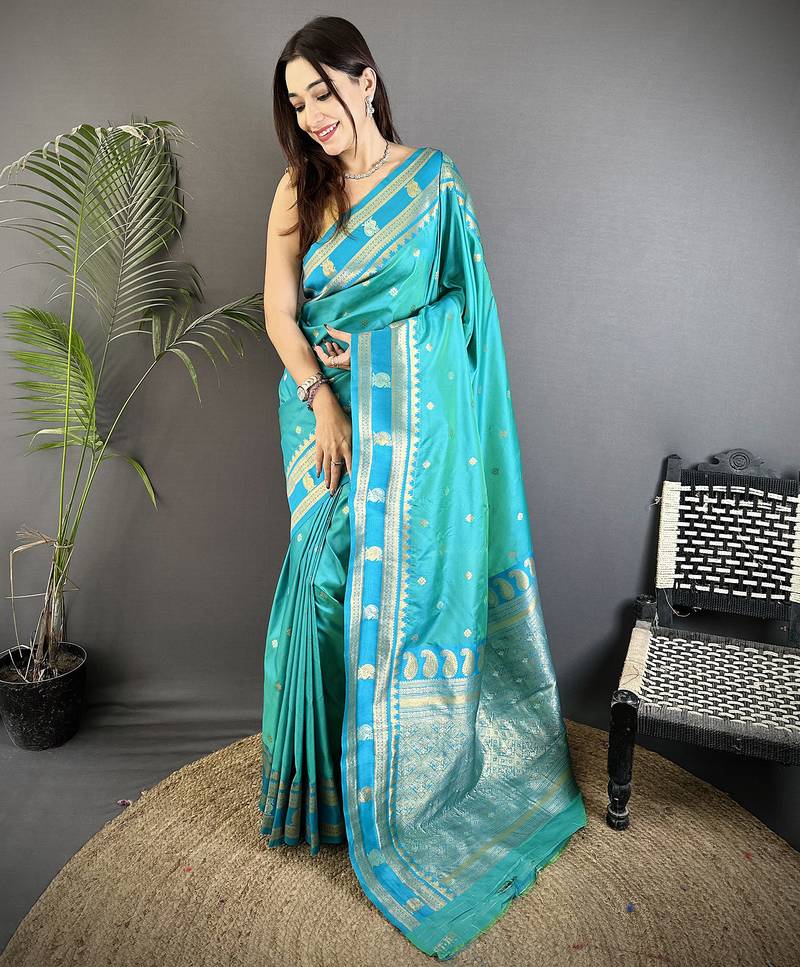 sea green soft silk blend banarasi zari woven weaving saree