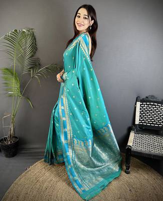 sea green soft silk blend banarasi zari woven weaving saree 2