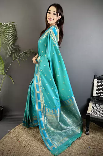 sea green soft silk blend banarasi zari woven weaving saree