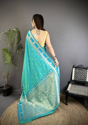 sea green soft silk blend banarasi zari woven weaving saree 3