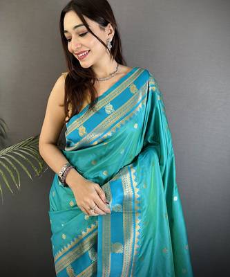sea green soft silk blend banarasi zari woven weaving saree 4