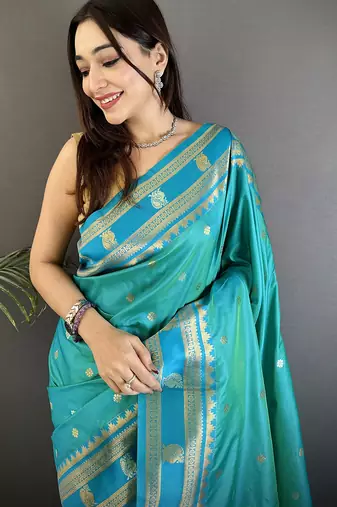 sea green soft silk blend banarasi zari woven weaving saree
