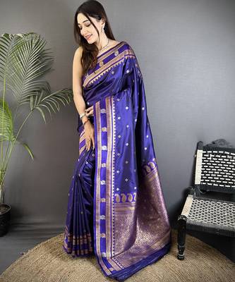 navy blue soft silk blend banarasi zari woven weaving saree 1