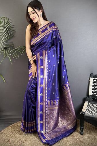 navy blue soft silk blend banarasi zari woven weaving saree