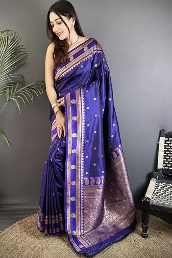 navy blue soft silk blend banarasi zari woven weaving saree