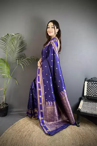 navy blue soft silk blend banarasi zari woven weaving saree