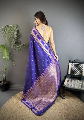 navy blue soft silk blend banarasi zari woven weaving saree 3