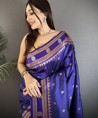 navy blue soft silk blend banarasi zari woven weaving saree 4