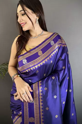 navy blue soft silk blend banarasi zari woven weaving saree