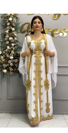 White Moroccan Royal Stitched Kaftan with Heavy Golden Embroidery & Flowing Cape Sleeves 1