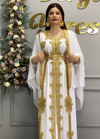 White Moroccan Royal Stitched Kaftan with Heavy Golden Embroidery & Flowing Cape Sleeves