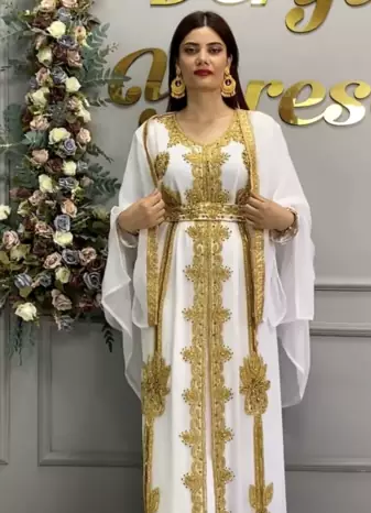 White Moroccan Royal Stitched Kaftan with Heavy Golden Embroidery & Flowing Cape Sleeves