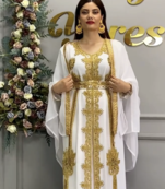 White Moroccan Royal Stitched Kaftan with Heavy Golden Embroidery & Flowing Cape Sleeves