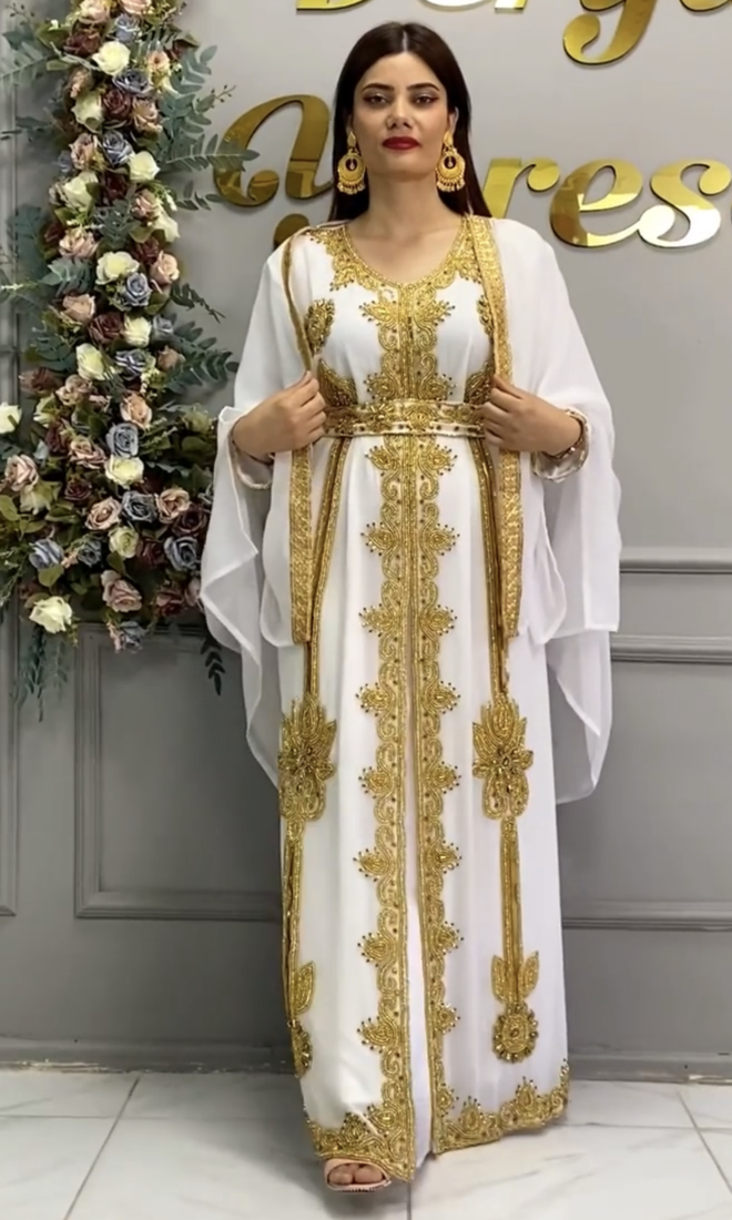 White Moroccan Royal Stitched Kaftan with Heavy Golden Embroidery & Flowing Cape Sleeves