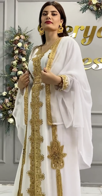 White Moroccan Royal Stitched Kaftan with Heavy Golden Embroidery & Flowing Cape Sleeves 2