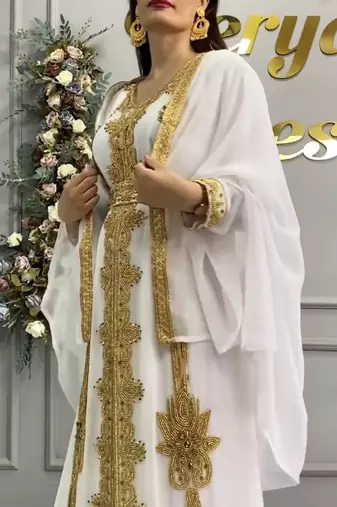 White Moroccan Royal Stitched Kaftan with Heavy Golden Embroidery & Flowing Cape Sleeves
