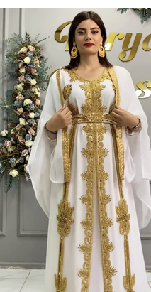 White Moroccan Royal Stitched Kaftan with Heavy Golden Embroidery & Flowing Cape Sleeves 3