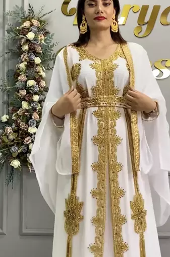 White Moroccan Royal Stitched Kaftan with Heavy Golden Embroidery & Flowing Cape Sleeves