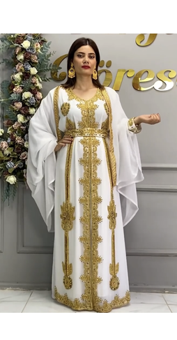 White Moroccan Royal Stitched Kaftan with Heavy Golden Embroidery & Flowing Cape Sleeves 4
