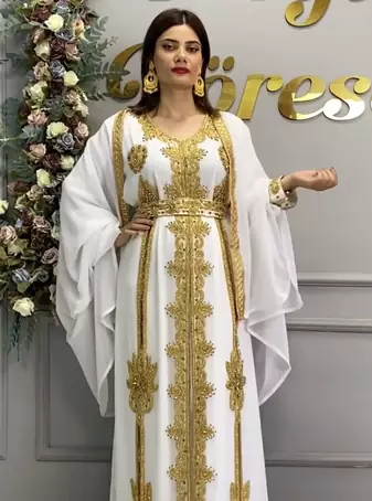 White Moroccan Royal Stitched Kaftan with Heavy Golden Embroidery & Flowing Cape Sleeves