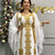 White Moroccan Royal Stitched Kaftan with Heavy Golden Embroidery & Flowing Cape Sleeves