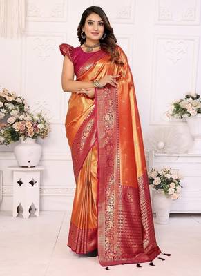 Orange Color Premium Banarasi Tissue Silk Blend Sarees  2