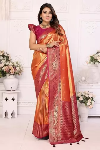 Orange Color Premium Banarasi Tissue Silk Blend Sarees 