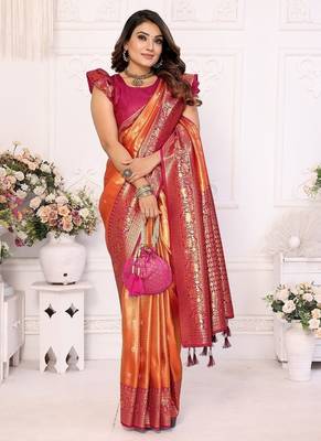 Orange Color Premium Banarasi Tissue Silk Blend Sarees  3