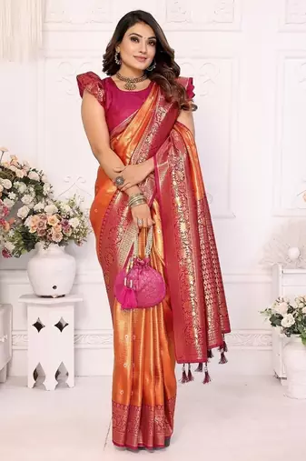 Orange Color Premium Banarasi Tissue Silk Blend Sarees 