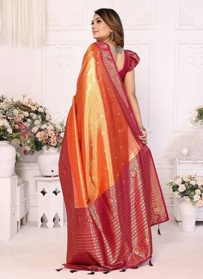 Orange Color Premium Banarasi Tissue Silk Blend Sarees  4