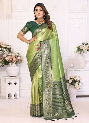 Parrot Green Color Premium Banarasi Tissue Silk Blend Sarees  2