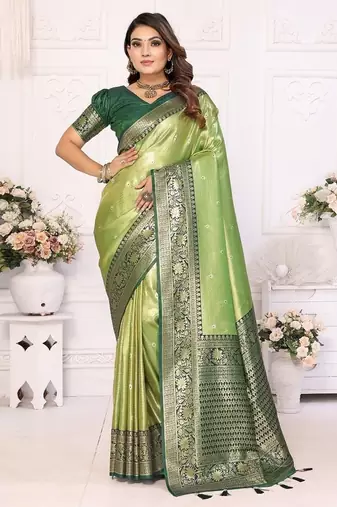 Parrot Green Color Premium Banarasi Tissue Silk Blend Sarees 