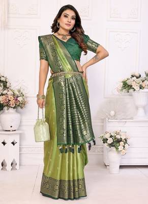 Parrot Green Color Premium Banarasi Tissue Silk Blend Sarees  3