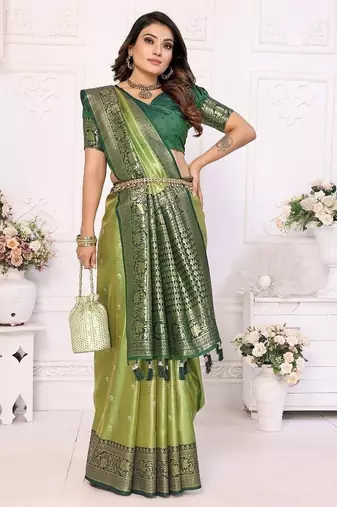 Parrot Green Color Premium Banarasi Tissue Silk Blend Sarees 