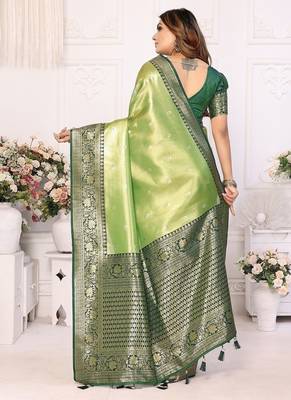 Parrot Green Color Premium Banarasi Tissue Silk Blend Sarees  4