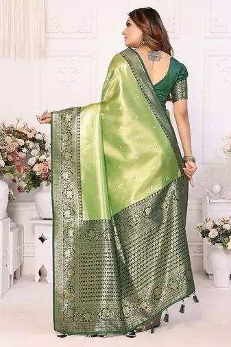 Parrot Green Color Premium Banarasi Tissue Silk Blend Sarees 