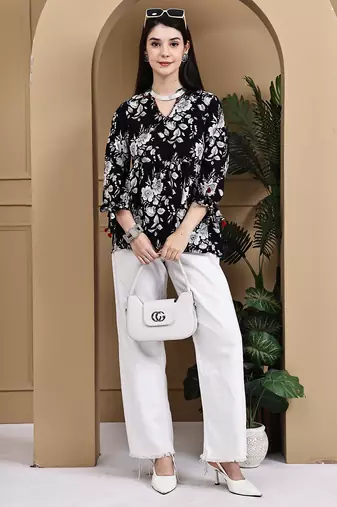 Black & white women's cotton jaipuri printed short top