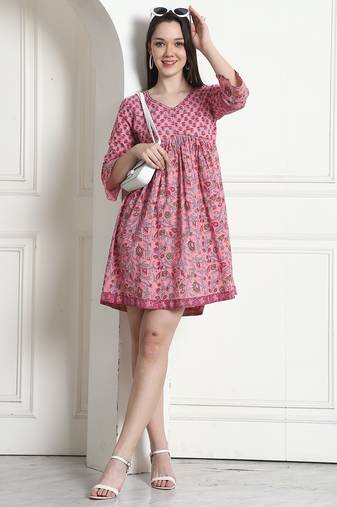 Light pink women's pure cotton jaipuri printed western dress