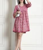 Light pink women's pure cotton jaipuri printed western dress